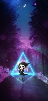 A mystical neon skull in a dark forest with a glowing triangle path.