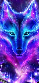 Mystic neon wolf with cosmic colors on mobile wallpaper.