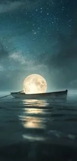 A lone boat under a moonlit sky reflecting on dark teal waters.