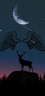 Deer silhouette with wings under a cosmic night sky with a crescent moon.