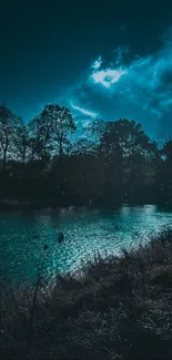 Mystic night scene with lake and silhouetted trees under a moonlit sky.