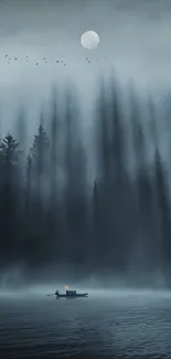 Misty lake under moonlight with forest silhouette.