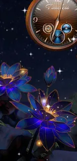 Nighttime wallpaper with lotuses and clock under starry sky.