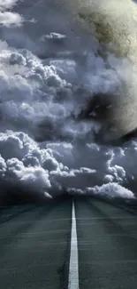 Moonlit road with clouds and a mystical atmosphere at night.