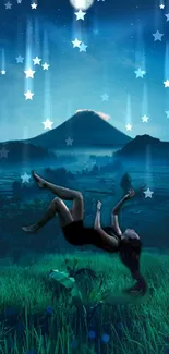 Mystic night sky with figure floating and stars.