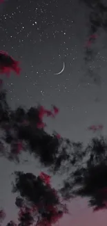 Mystic night sky with crescent moon and stars, highlighted by dark clouds.