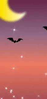 Crescent moon with bats in a purple gradient sky wallpaper.