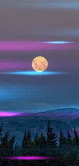 Mystic night sky with a glowing moon over mountains.