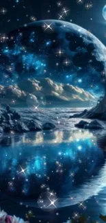 Mystical night sky wallpaper with moon, stars, and a reflecting lake.