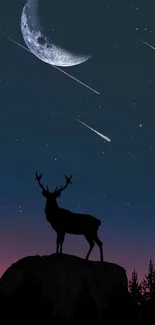 Silhouette of a stag against a night sky with moon and shooting stars.