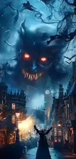 Mystic night with creatures flying over a gothic cityscape.