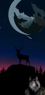 Wolf and deer under crescent moon and stars on dark blue sky.