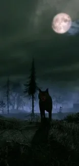 Wolf under a full moon in a dark, eerie forest scene.