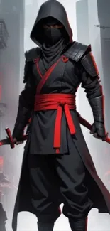Dark ninja warrior standing in a shadowy urban street with red accents.