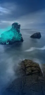 Mystical ocean with glowing turquoise rocks and serene waters under a cloudy sky.