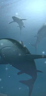 Sharks gliding above a sunken plane in deep blue ocean waters with sunlight filtering down.