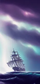 Lone ship braves a stormy ocean beneath purple clouds.