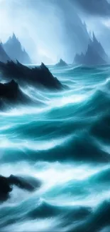 Mystic ocean waves crash against dark cliffs beneath a stormy sky.