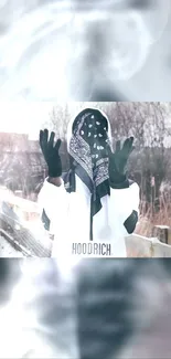 Hooded figure outdoors with a bandana and gloves, set in a wintry landscape.