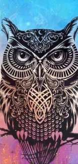 Intricate owl design on a vibrant ombre background.