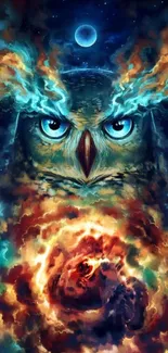 Mystic owl with cosmic background.