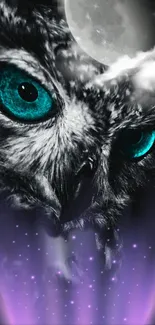 Mystic owl under moonlight with blue eyes and purple glow.