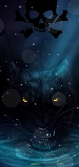 Panther with glowing eyes emerges from dark waters under a starry night sky.