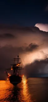 Pirate ship sails through storm with dramatic lighting and dark clouds.