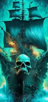 Pirate ship with skull in turquoise mist on ocean.