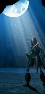 Pirate standing under moonlight in a cave, holding a sword.