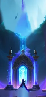 Mystical fantasy portal with glowing blue lights and ethereal design.