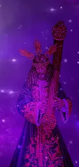 Mystic figure in purple with cosmic background.