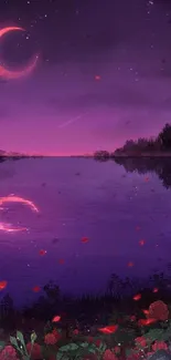 Purple moonlit lake scene with crescent moon and rose petals.