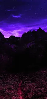 Mystic purple nightscape with mountains and stars.