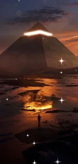 Mystic night scene of glowing pyramids under a starry sky.