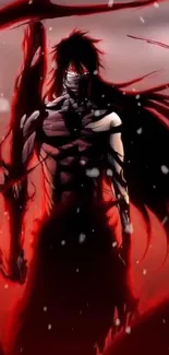 Mysterious red-themed anime warrior with dark shadows.