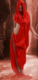 A mysterious lady in red drapes stands in a scenic, ethereal landscape.