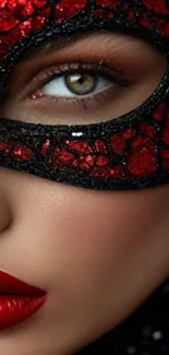 Close-up of a face with a red ornate mask.