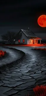 Eerie red moon landscape with house
