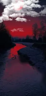 Red river at sunset with dramatic clouds in a mystical twilight scene.