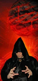 Mystical red-themed wallpaper featuring a hooded sorcerer with fiery cosmic background.