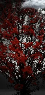 A mystical red tree silhouette under moonlight.