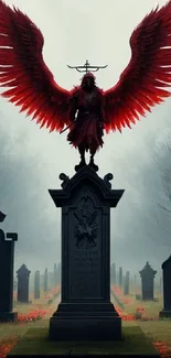 Red-winged angel statue in cemetery scene wallpaper.