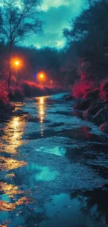 A serene river reflecting glowing streetlights at night.