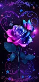 Vibrant purple rose with glowing butterfly design.