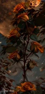 Orange roses under a moonlit night sky with artistic flair.