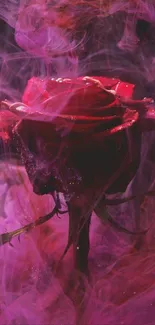 Crimson rose surrounded by pink smoke, creating a mystic and elegant phone wallpaper.