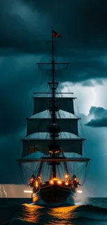 Sailboat navigating a stormy ocean with lightning in the background.