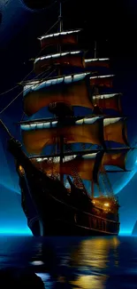 Mystical digital art of a sailing ship under a dark blue night sky.