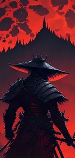 Silhouette of a samurai against a fiery red sky.
